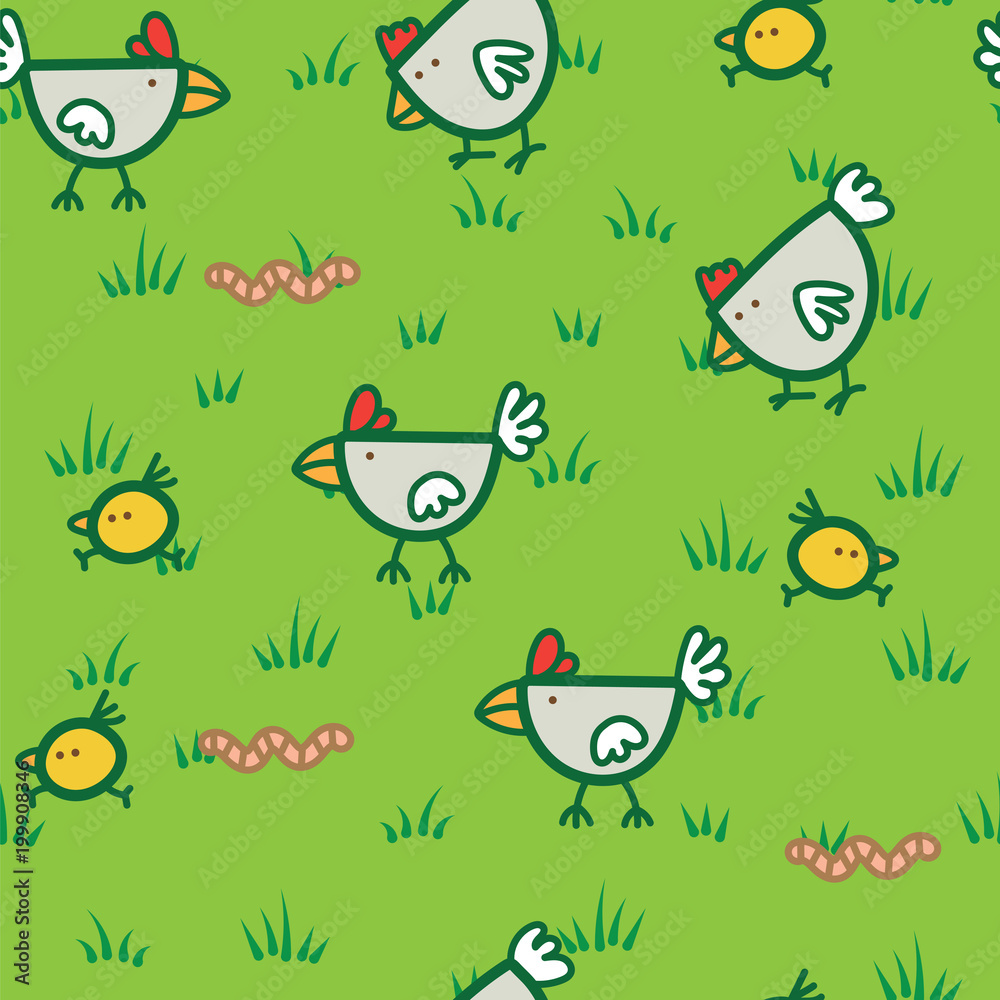 Obraz premium Pattern chickens walking on green grass and pecking worms background. Chicken pattern background.