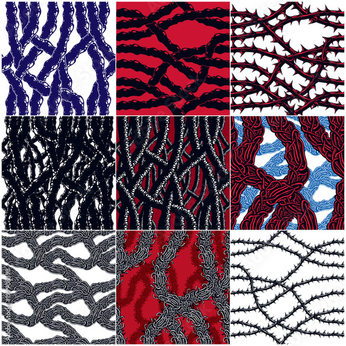 Disgusting horror art and nightmare seamless patterns set, vector backgrounds collection. Hard Rock and Heavy Metal subculture music textile fashion stylish design.