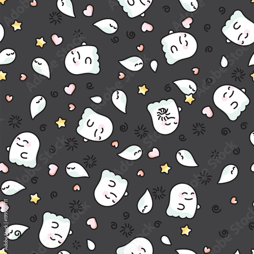 White ghosts and phantoms on black background doodle pattern. Funny ghost and shadow Halloween pattern.
