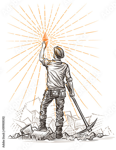 Ethereum Miner holding ethereum symbol mined from rocks drawing. Vector. 
