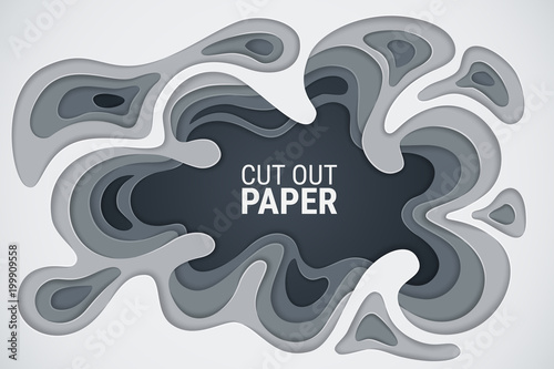 Paper cut. Layer carving art. Origami template. 3D effect. White, gray and dark gray wavy layers with a shadow and glare. Vector abstract background. Smooth geometric lines. Material design concept.