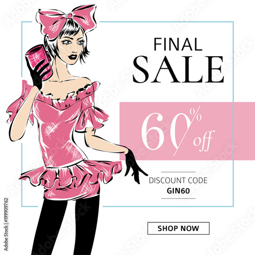 Fashion summer sale banner with teen fashion girl, online shopping social media ads web template with beautiful teenager girl. Vector illustration