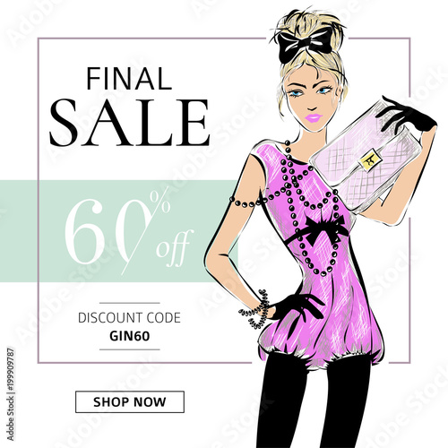 Fashion summer sale banner with teen fashion girl, online shopping social media ads web template with beautiful teenager girl. Vector illustration