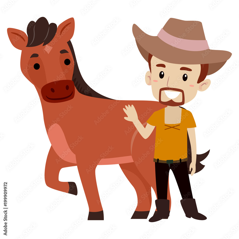 Obraz premium Vector Illustration of Cowboy Man beside a Horse