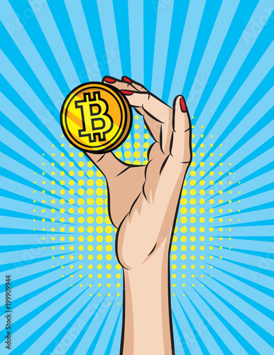 Vector retro illustration  pop art comic style of  a woman's hand holding a golden coin. A Vintage poster of a  bitcoin in girl's hand over halftone dot background.
