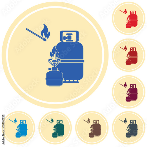 Camping stove with gas bottle icon vector
