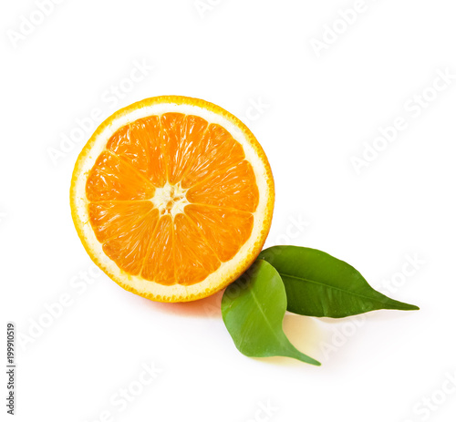 Fresh orange slice with leaves isolated on white background. Orange fruit.