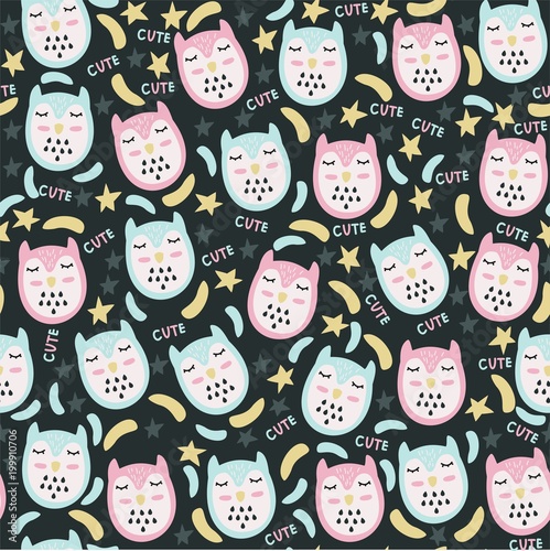 Funny vector seamless pattern with cartoon owls and the inscription "cute".