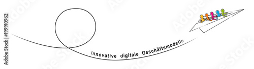INNOVATIVE DIGITALE GESCHÄFTSMODELLE – Eine Gruppe Strichmännchen fliegt im Papierflieger aufwärts