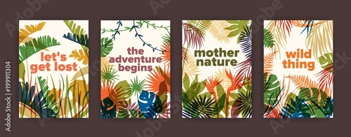 Bundle of poster templates with colorful translucent leaves of tropical jungle plants and inspiring slogans. Set of flyers with bright colored foliage of exotic palm trees. Modern vector illustration. photo