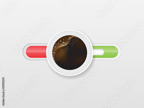 Top view of a cup of coffee and off switcher on background.