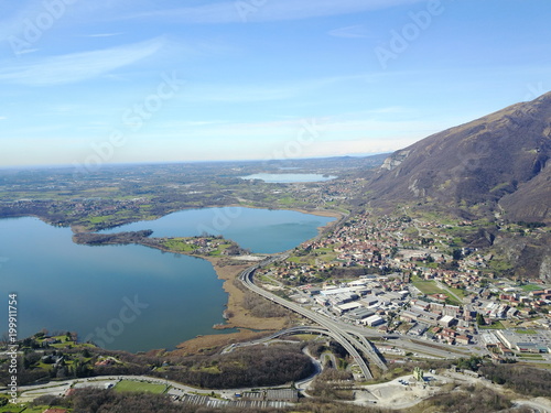 Aerial view of lake Oggiono from drone