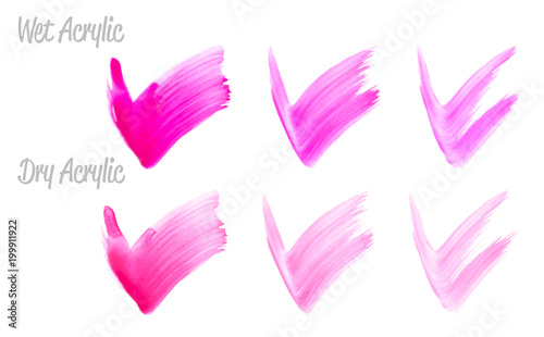 Vector magenta paint smear stroke stain set. Abstract acrylic textured art illustration. Wet and Dry Acrylic Texture Paint Stain Illustration. Hand drawn brush strokes vector elements. Acrilyc strokes