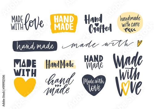 Collection of Hand Made inscriptions for labels or tags for handcrafted goods. Set of elegant lettering handwritten with various calligraphic fonts isolated on white background. Vector illustration.