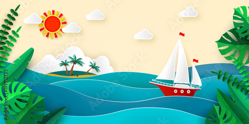 Sailboat in the sea Sun Clouds Tropical island Paper style Tropical leaves