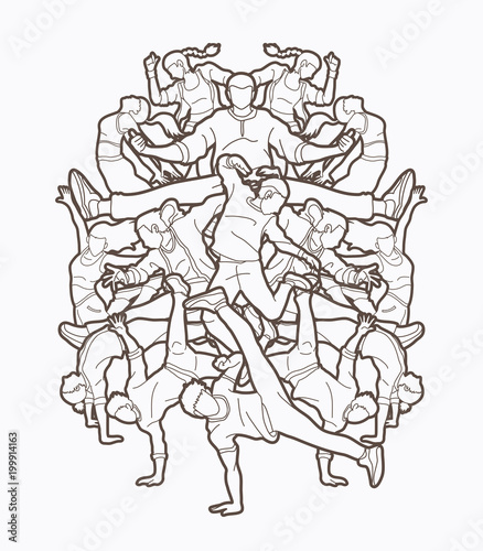 Group of people dancing, Dancer dance together, Street dance outline graphic vector © sila5775