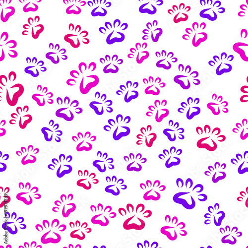 Seamless vector pattern. Fun background of colorful prints of cat paws.