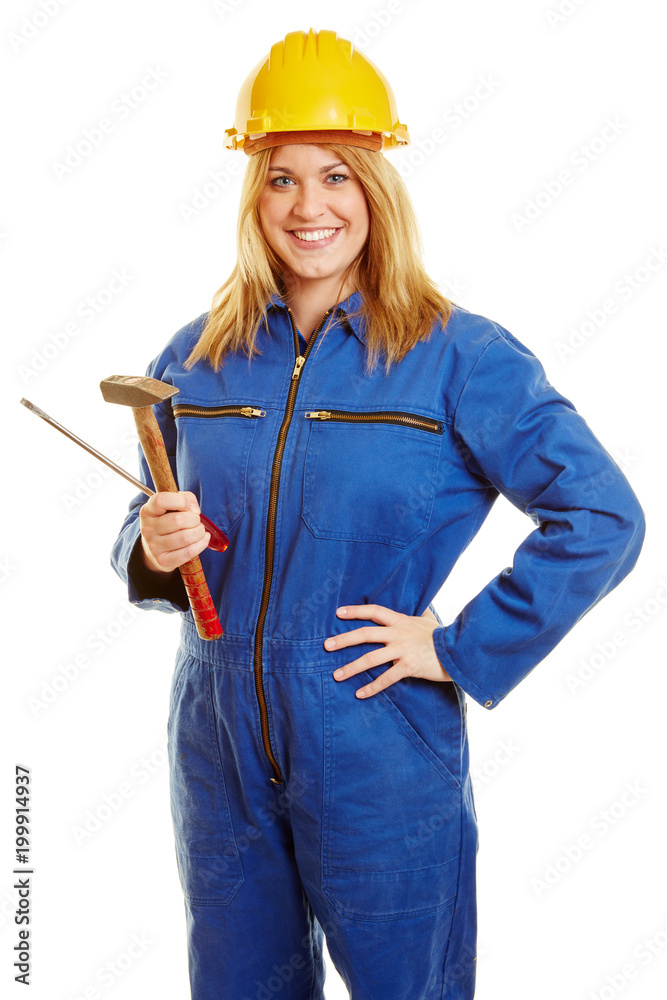 Frau als Arbeiter im Blaumann Stock Photo