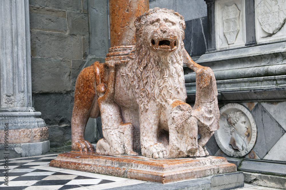 Lion sculpture in historical center of Bergamo