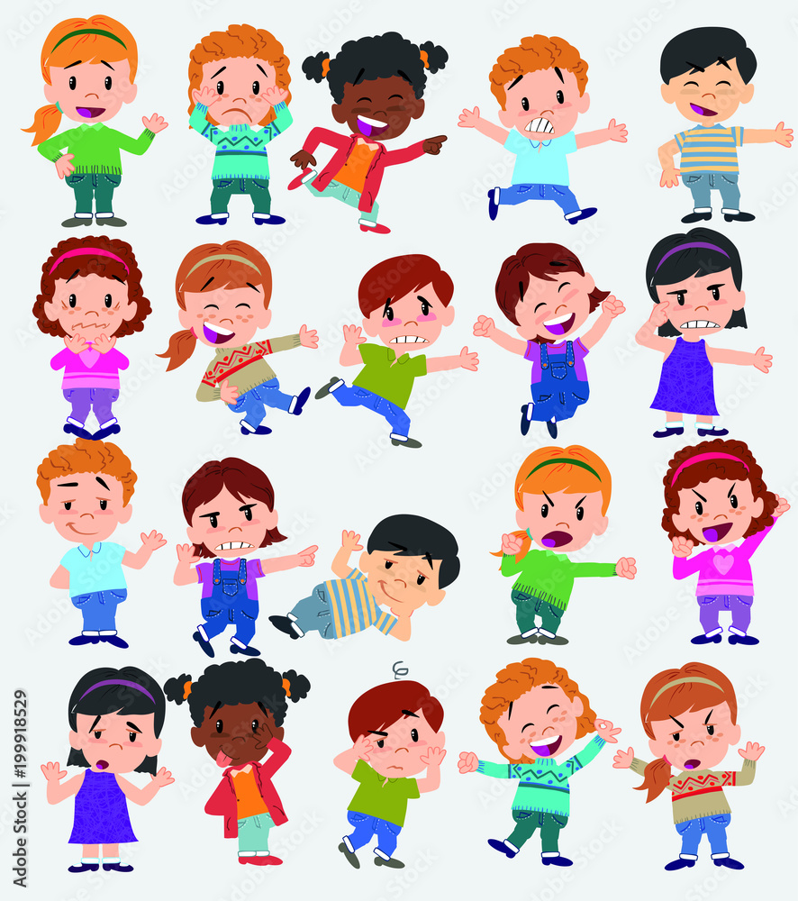 Cartoon character boys and girls. Set with different postures, attitudes and poses, doing different activities. Vector illustrations. Cartoon character boys and girls. Set with different postures, attitudes and poses, doing different activities. Vector illustrations.