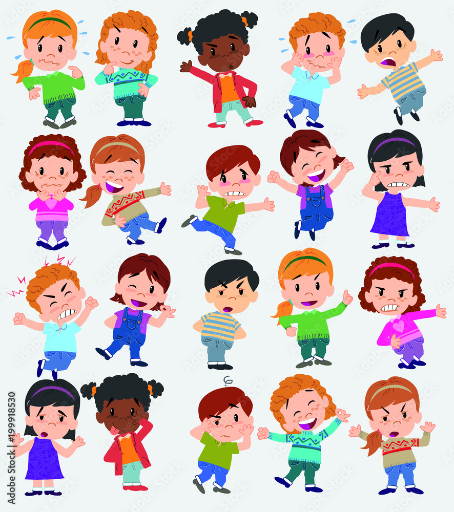 Cartoon character boys and girls. Set with different postures, attitudes and poses, doing different activities. Vector illustrations. Cartoon character boys and girls. Set with different postures, attitudes and poses, doing different activities. Vector illustrations.