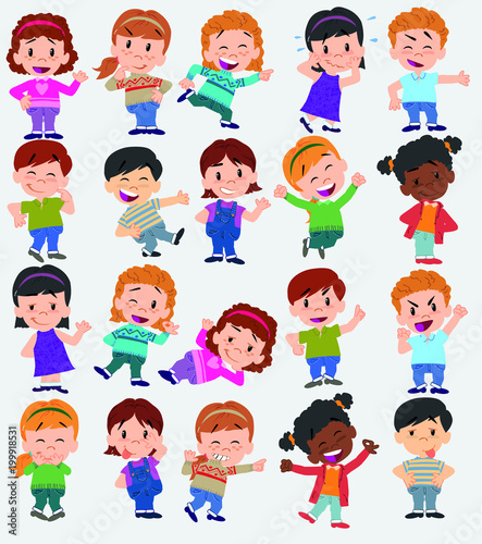 Cartoon character boys and girls. Set with different postures  attitudes and poses  always in positive attitude  doing different activities. Vector illustrations.