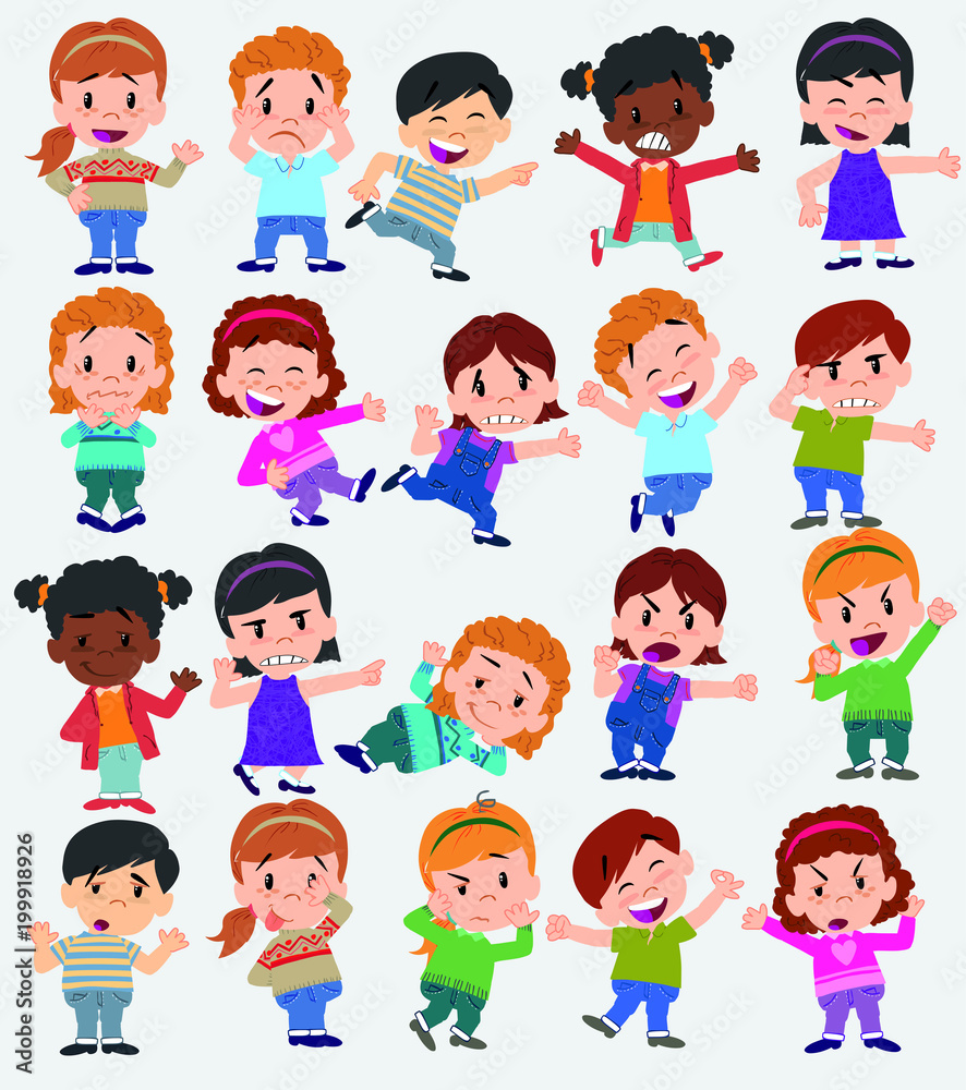 Cartoon character boys and girls. Set with different postures, attitudes and poses, doing different activities. Vector illustrations.