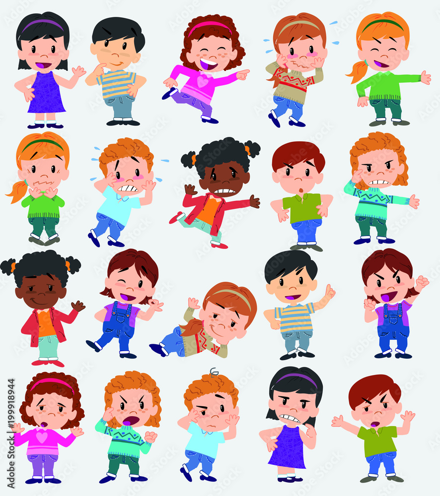 Cartoon character boys and girls. Set with different postures, attitudes and poses, doing different activities. Vector illustrations. Cartoon character boys and girls. Set with different postures, attitudes and poses, doing different activities. Vector illustrations.