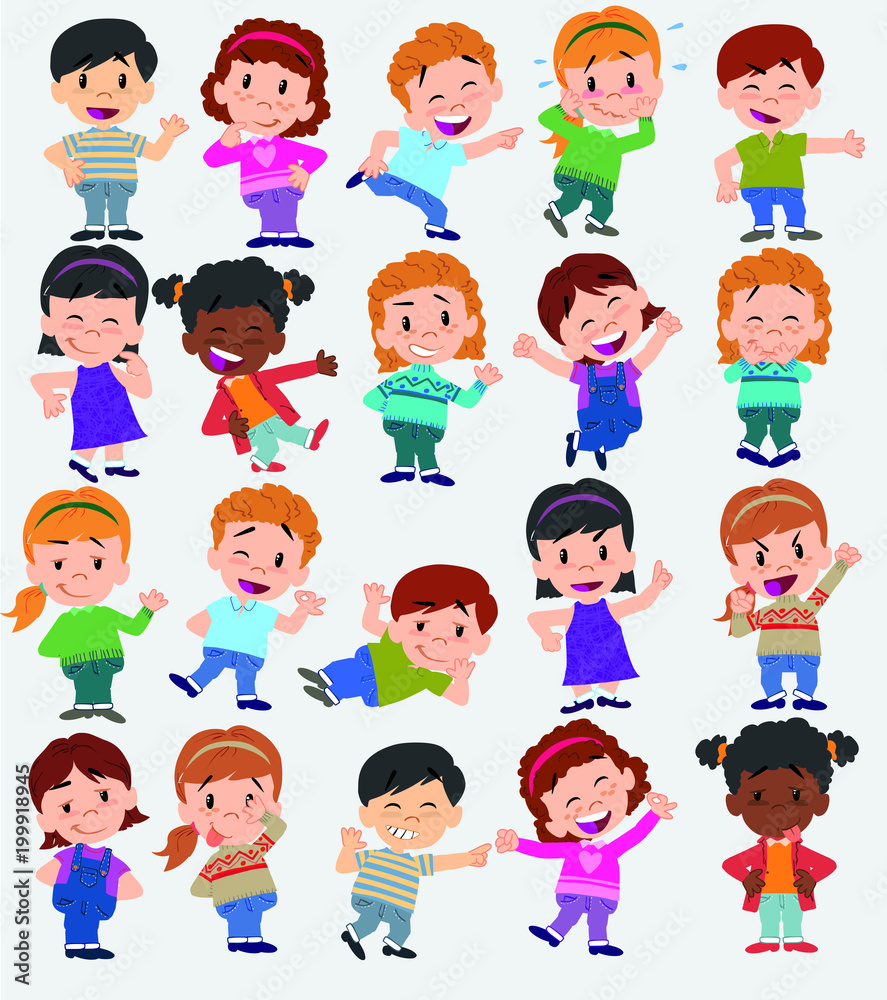 Cartoon character boys and girls. Set with different postures, attitudes and poses, always in positive attitude, doing different activities. Vector illustrations.