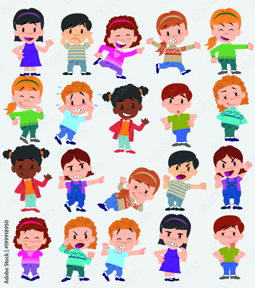 Cartoon character boys and girls. Set with different postures, attitudes and poses, doing different activities. Vector illustrations. Cartoon character boys and girls. Set with different postures, attitudes and poses, doing different activities. Vector illustrations.