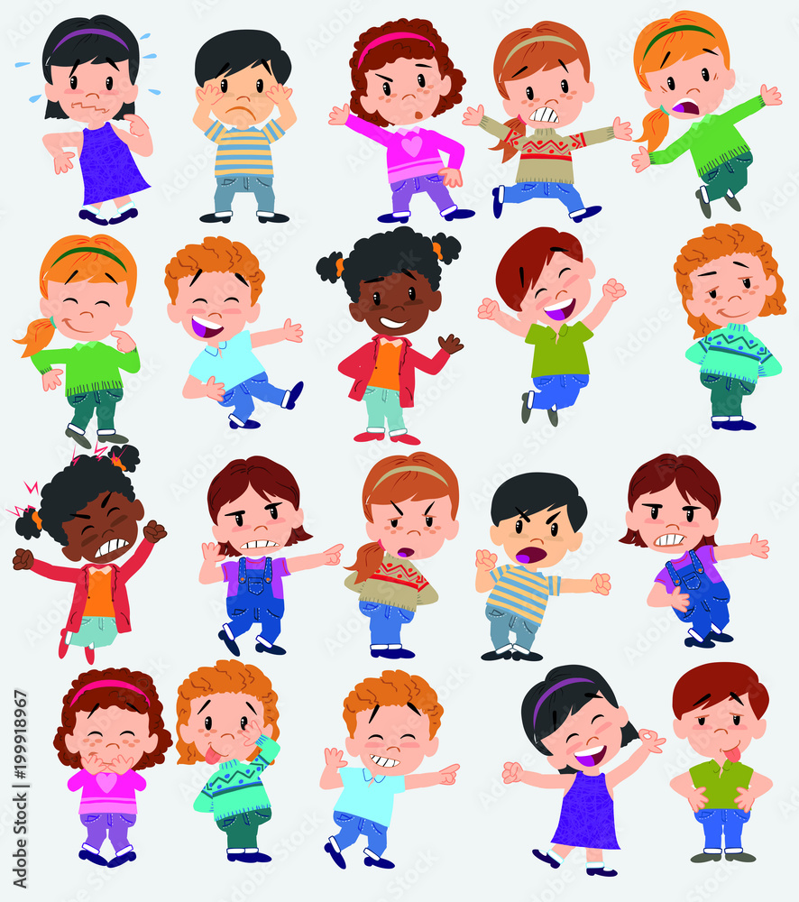 Cartoon character boys and girls. Set with different postures, attitudes and poses, doing different activities. Vector illustrations. Cartoon character boys and girls. Set with different postures, attitudes and poses, doing different activities. Vector illustrations.