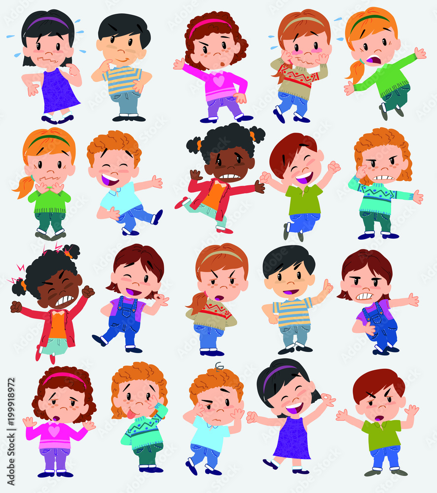 Cartoon character boys and girls. Set with different postures, attitudes and poses, doing different activities. Vector illustrations.