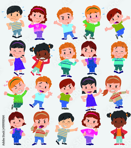 Cartoon character boys and girls. Set with different postures, attitudes and poses, doing different activities. Vector illustrations. © David