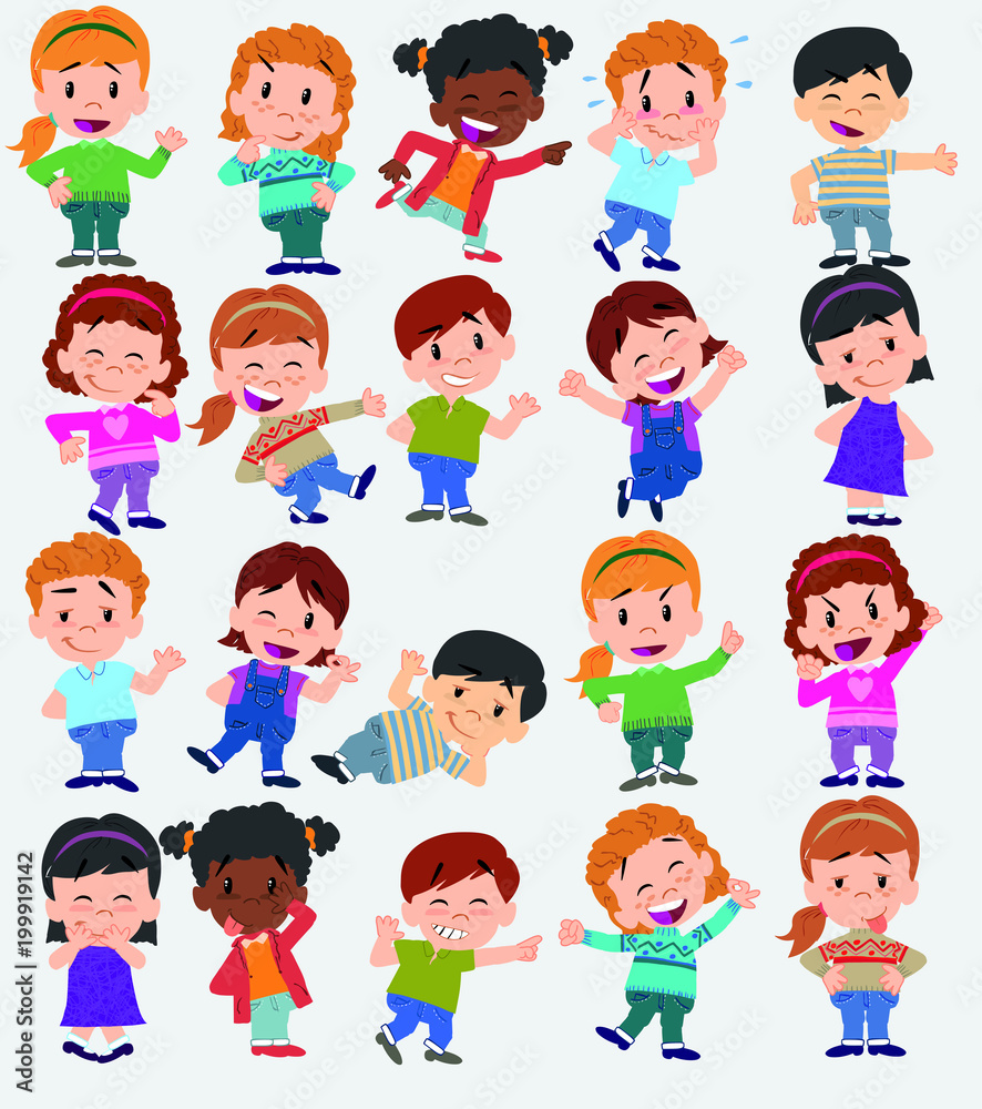 Cartoon character boys and girls. Set with different postures, attitudes and poses, always in positive attitude, doing different activities. Vector illustrations. Cartoon character boys and girls. Set with different postures, attitudes and poses, always in positive attitude, doing different activities. Vector illustrations.
