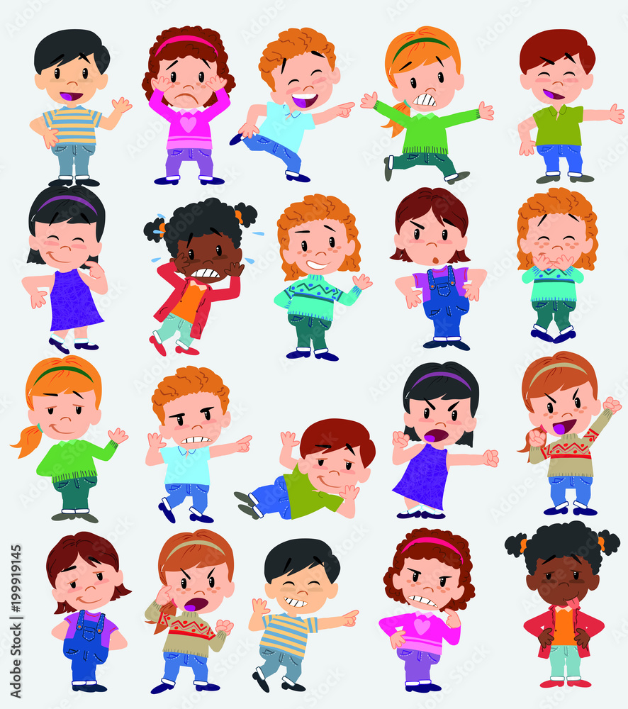 Cartoon character boys and girls. Set with different postures, attitudes and poses, doing different activities. Vector illustrations. Cartoon character boys and girls. Set with different postures, attitudes and poses, doing different activities. Vector illustrations.