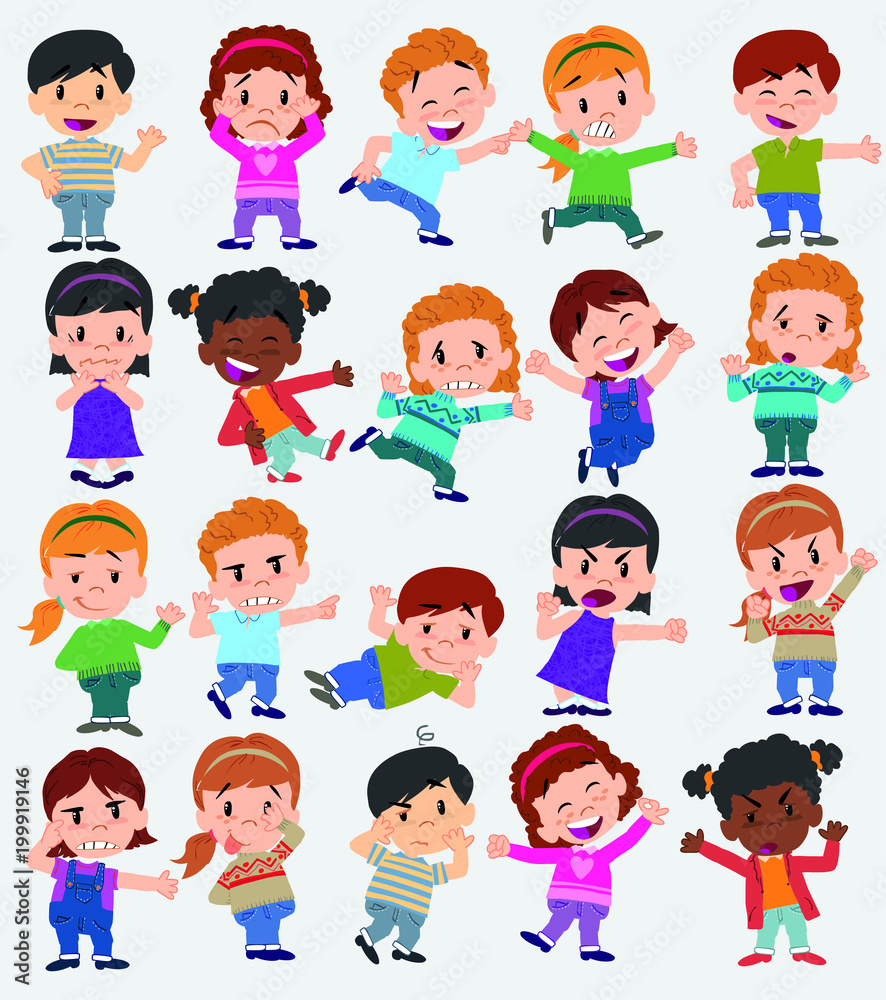 Cartoon character boys and girls. Set with different postures, attitudes and poses, doing different activities. Vector illustrations. Cartoon character boys and girls. Set with different postures, attitudes and poses, doing different activities. Vector illustrations.
