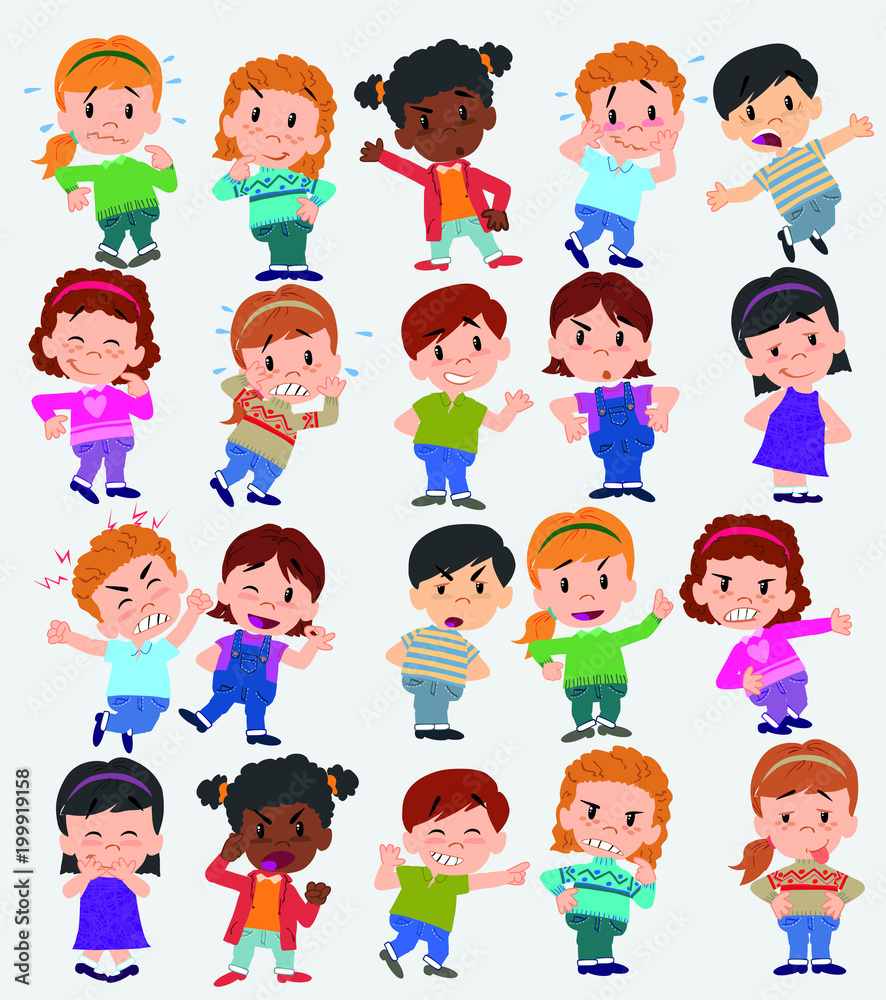 Cartoon character boys and girls. Set with different postures, attitudes and poses, doing different activities. Vector illustrations. Cartoon character boys and girls. Set with different postures, attitudes and poses, doing different activities. Vector illustrations.