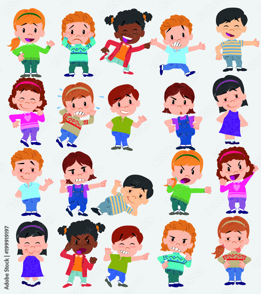 Cartoon character boys and girls. Set with different postures, attitudes and poses, doing different activities. Vector illustrations. Cartoon character boys and girls. Set with different postures, attitudes and poses, doing different activities. Vector illustrations.