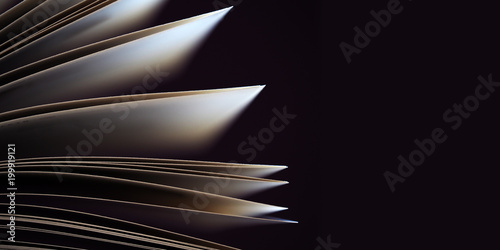 Panoramic macro view of book pages. Concept of open book, white sheets on dark black background. Education background. Copy space for text. Close-up, selective focus
