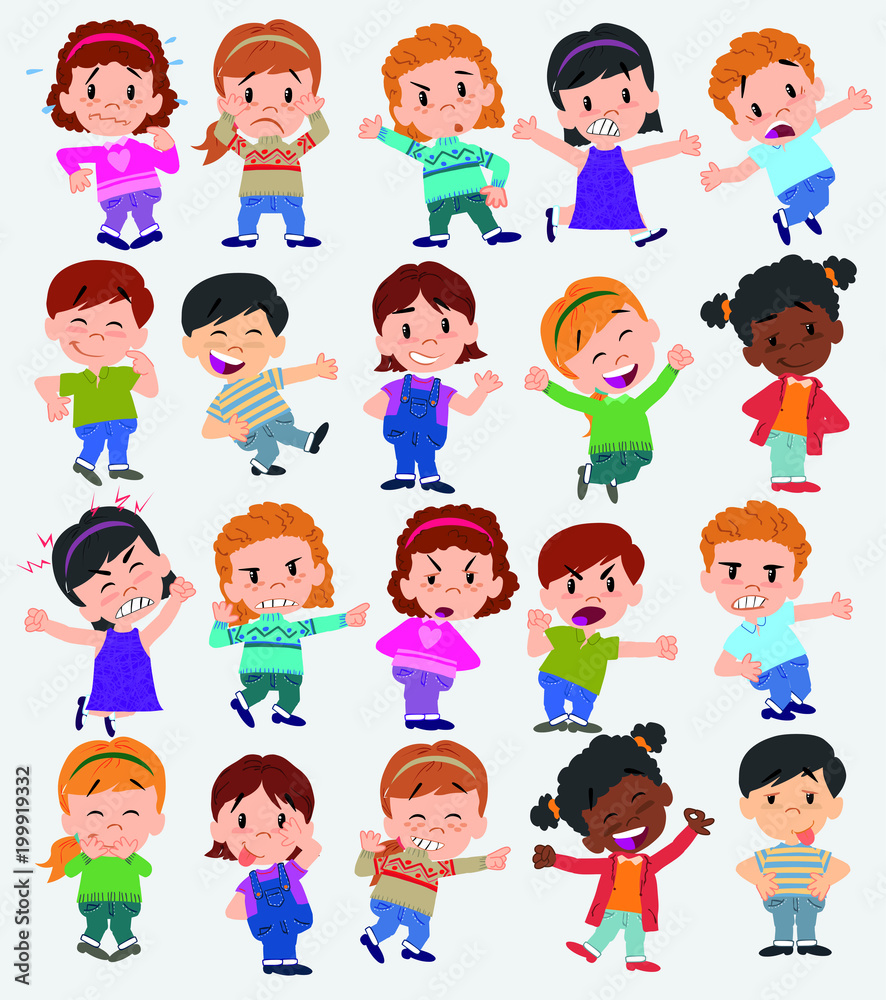 Cartoon character boys and girls. Set with different postures, attitudes and poses, doing different activities. Vector illustrations.