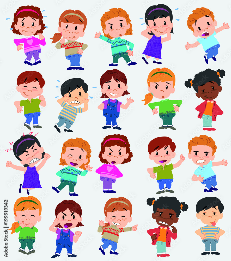 Cartoon character boys and girls. Set with different postures, attitudes and poses, doing different activities. Vector illustrations. Cartoon character boys and girls. Set with different postures, attitudes and poses, doing different activities. Vector illustrations.