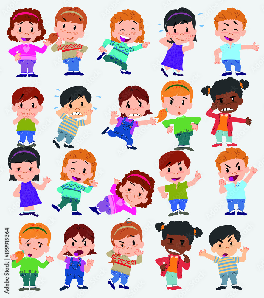 Cartoon character boys and girls. Set with different postures, attitudes and poses, doing different activities. Vector illustrations.