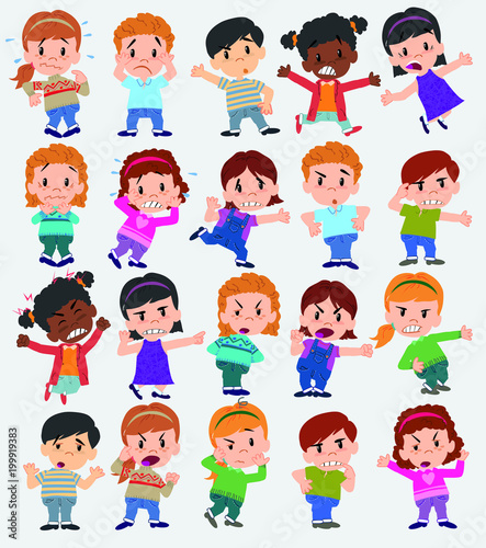 Cartoon character boys and girls. Set with different postures, attitudes and poses, always in negative attitude, doing different activities. Vector illustrations.