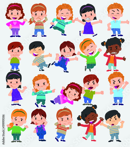 Cartoon character boys and girls. Set with different postures  attitudes and poses  doing different activities. Vector illustrations.