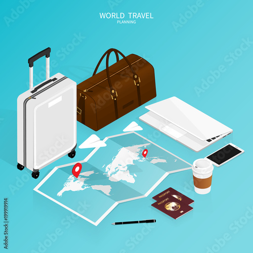 isometric online booking ,passport world map,trip plan travel vector