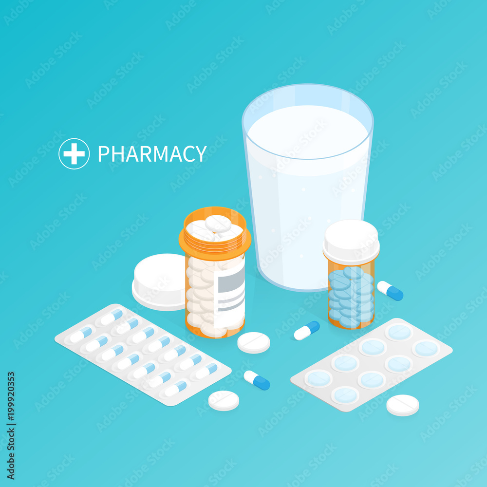 isometric pharmacy medicine pills bottle,glass of water swallow pills vector