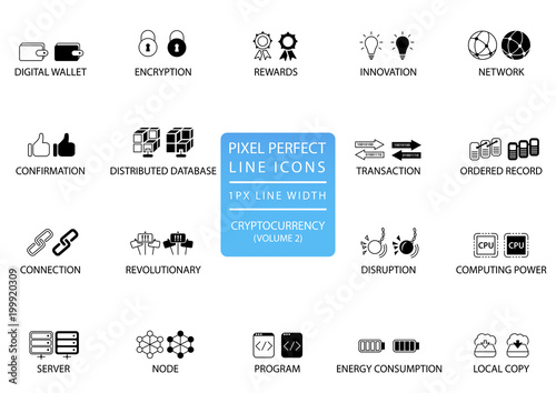 Cryptocurrency (bitcoin, ethereum) thin line vector icon set. Pixel perfect icons with 1 px line width for optimal app and web usage