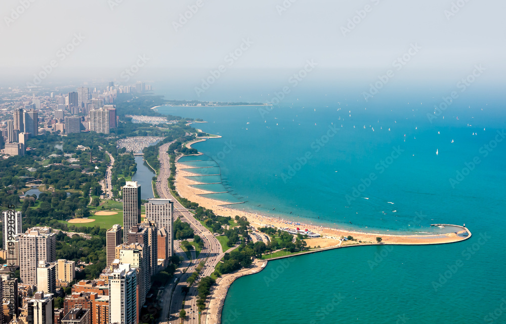 Naklejka premium Top view of Michigan lakefront and Chicago Skyline with skyscrapers, Illinois, USA