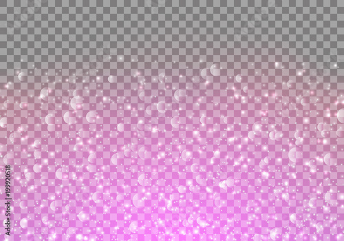A gentle pink background with shiny flying particles on a translucent backdrop. Vector illustration with bright sparkles for festive design
