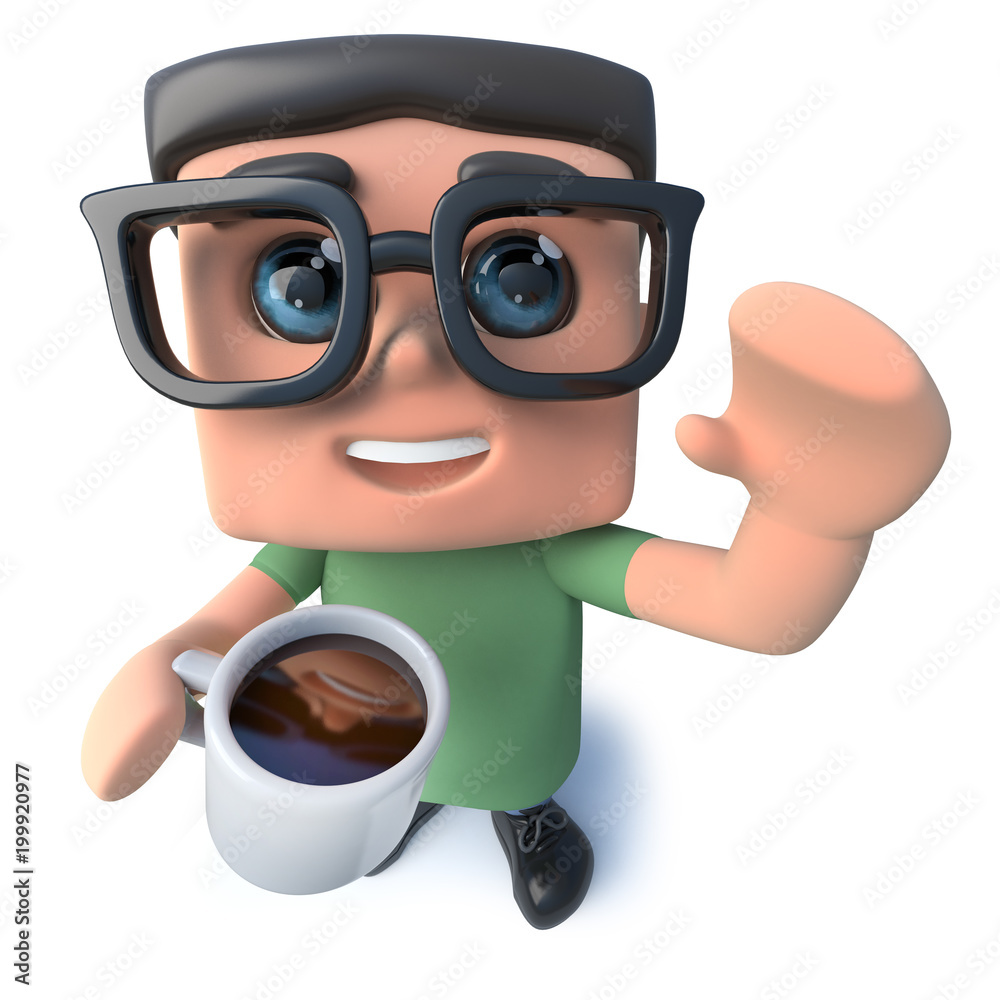 3d Funny cartoon nerd geek character drinking a cup of coffee Stock  Illustration | Adobe Stock